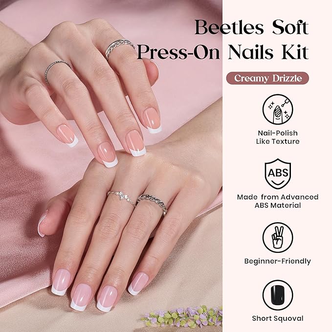 Beetles Press On Nails Kit - Creamy Drizzle | 720Pcs 24 Colors Short Square Press On Nails | 15 Sizes French Glossy Glitter Jelly With Nail Glue & Nail Tabs Stickers, Fake Nails Kit Art For Women
