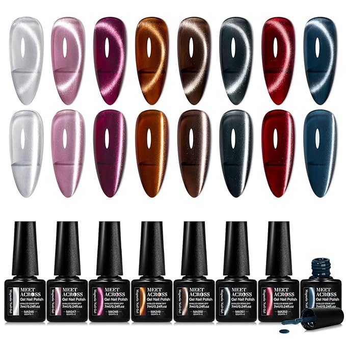 MEET ACROSS Cat Eye Gel Nail Polish Set 12 Pcs, Fall Winter Retro Magnetic Gel Polish, Pink Brown Blue Gray Green Magnetic Nail Polish with Base Top Gel Soak Off Nail Art Salon Manicure Home Gift