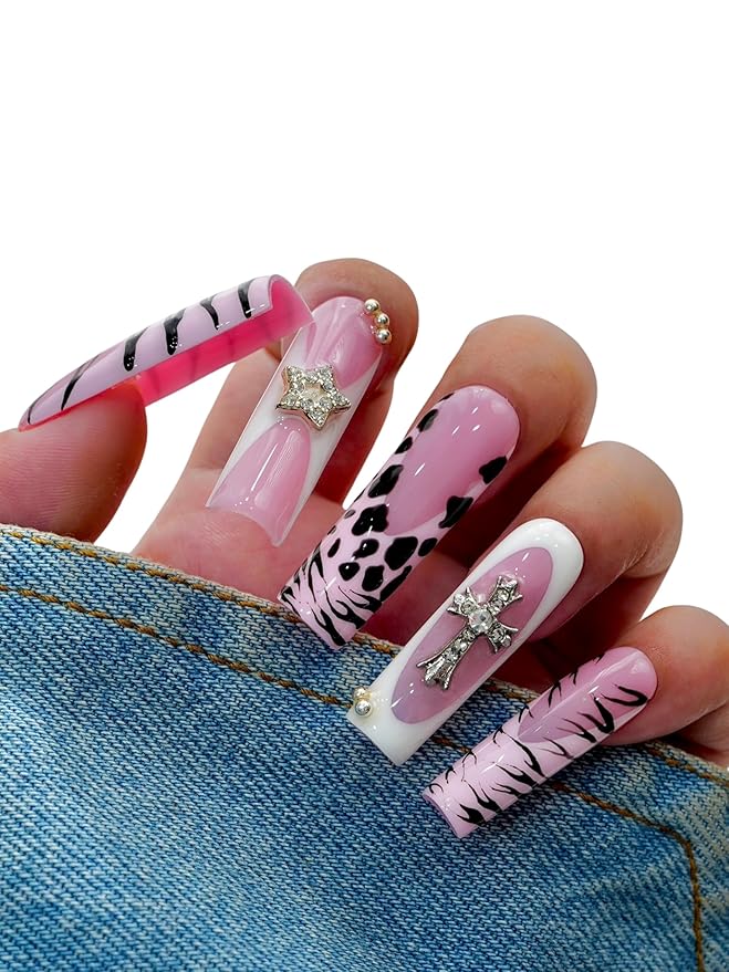 Euphrosyne Punk Y2K Press On Nails – Long Coffin Nails in Pink with Leopard & Zebra Prints, Cross Charms & Star Accents | 10pcs Glam Fake Nails for Teens and Women, Bold Nail Art for Party or Selfie