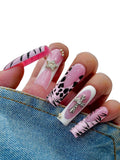 Euphrosyne Punk Y2K Press On Nails – Long Coffin Nails in Pink with Leopard & Zebra Prints, Cross Charms & Star Accents | 10pcs Glam Fake Nails for Teens and Women, Bold Nail Art for Party or Selfie