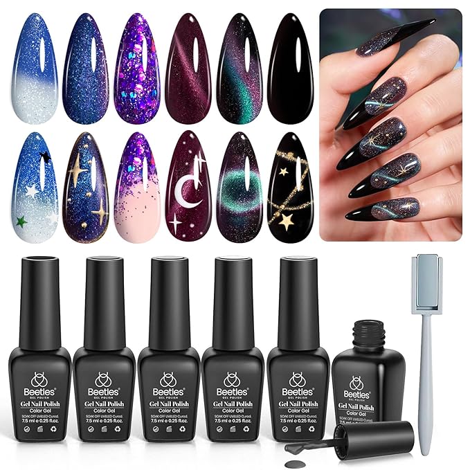 Beetles Cat Eye Gel Polish - Milky Way 6 Colors Gel Polish Set, Black Purple Blue Temperature Changing Glitter Nails, Galaxy Nails Kit with Magnet Stick Soak Off Uv Lamp Gel