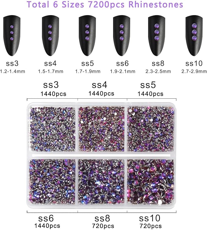 Beadsland 7200pcs Flatback Rhinestones,Purple Rhinestone Nail Gems Round Crystal Rhinestones for Crafts,Mixed 6 Sizes with Wax Pencil Kit, SS3-SS10, Purple Velvet