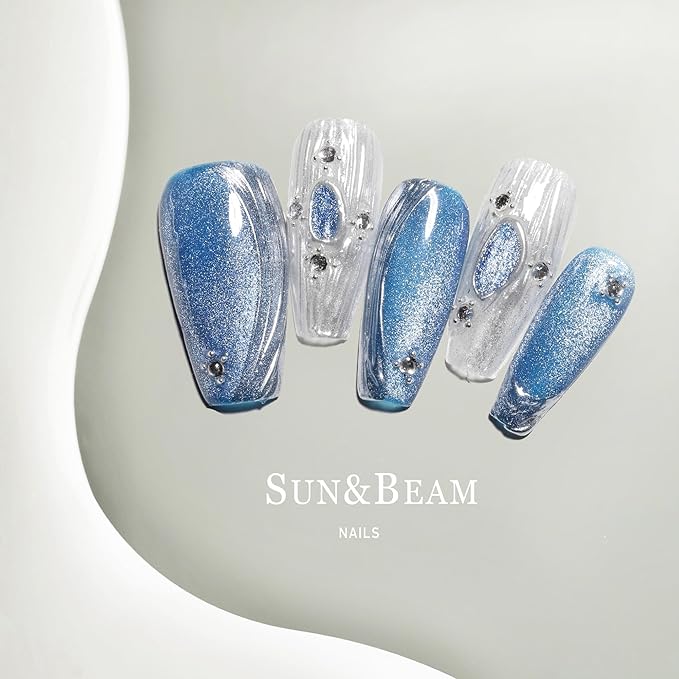 Sun&Beam Nails Handmade Press-on Medium Long Coffin Nails Silver White Blue False Nail Tips Design Baroque Style Fashionable 10 Pcs Set (#154 XS)
