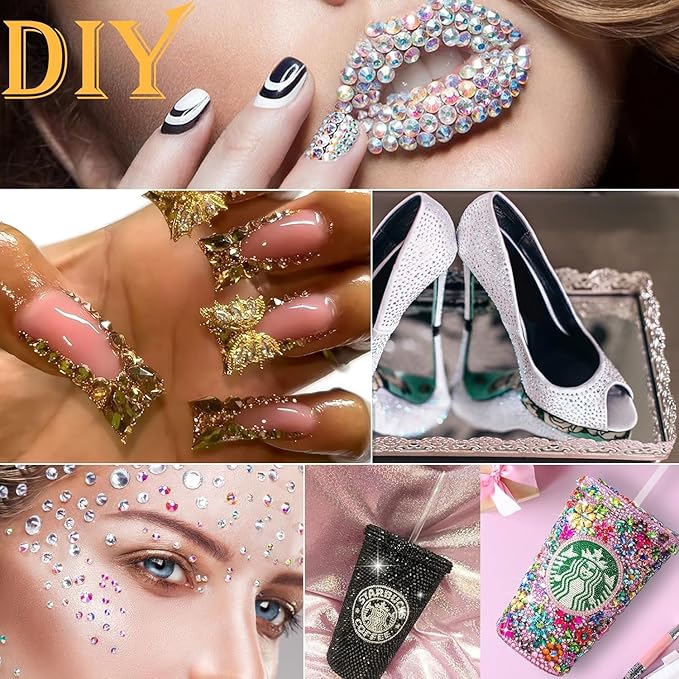 Canvalite 3348Pcs Gold Rhinestones Flatback Gems, Nail Rhinestones Nail Art Gems with Jewelry Glues, Pick Up Tweezers and Rhinestone Picker Dotting Pen, Nail Art Tools for Nails, Clothes, Face, Craft