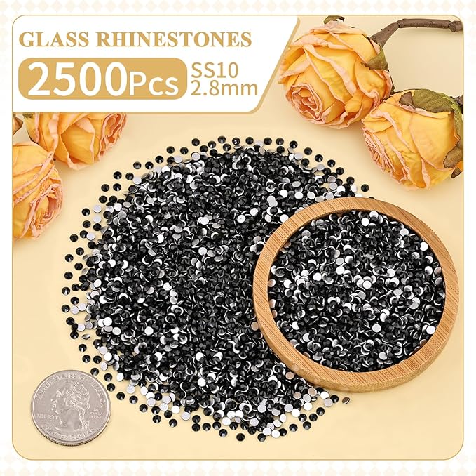 2500PCS SS10/2.8mm Crystal Rhinestones (Jet Black), Bedazzling Flatback Glass Rhinestones for Crafting, Gems Diomand Charms for Tumbler Shoes Clothing Mugs Nail Art