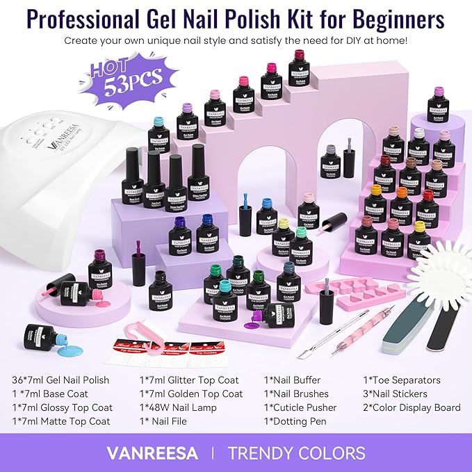 VANREESA Gel Nail Polish Kit with U V Light 53 Pcs Gel Polish Nail Set 36 Trendy Colors Nail Polish Set + Base and 4 Effects Top Coat with Manicure Tools Complete Nail Kit Gifts for Women Girls