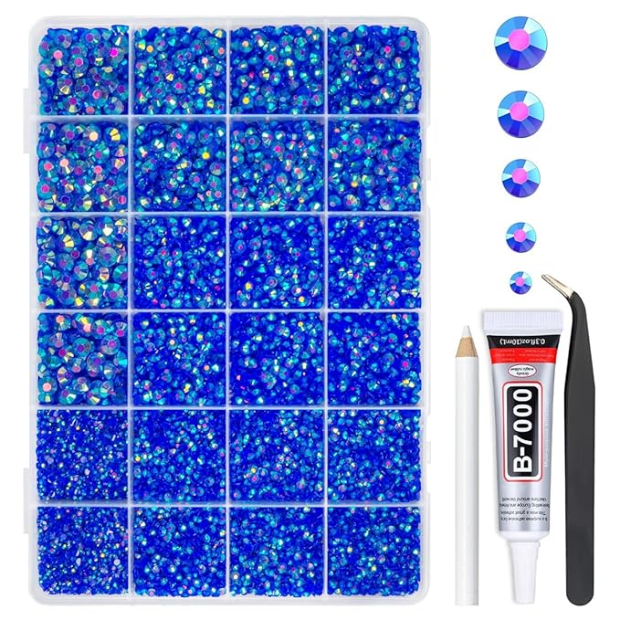 Royal Blue AB Resin Rhinestones w B7000 Glue for Bedazzling Crafting 2-6mm Dark Blue Flatback Jelly Stones Diamonds Gems Bedazzler Kit Charms for Nails Face Eyes Makeup Tumblers Bottles Crafts