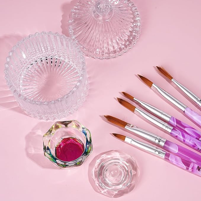Acrylic Nail Brush Dappen Dish Set, 6PCS Nail Art Pen and 2PCS Crystal Dappen Dish for Acrylic Nails, Manicure Bowl Cup Glass Container for Acrylic Liquid Nail Tool Kit