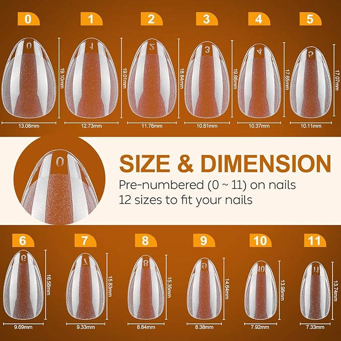 Nicedeco Extra Short Almond Nail Tips Full Cover 216PCS Clear Fake Nails Tip for Acrylic Nail Tip Soak Off Home DIY Salon Nails 12 Sizes - 009
