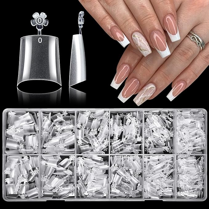 LoveOurHome 750pc French Coffin Nail Tips Clear Fake Nails Medium Coffin Gel Nail Tips Half Cover Acrylic Nails Clear False Nails 15 Sizes Fingernail for Gel Nail Tip Extension Press Nails