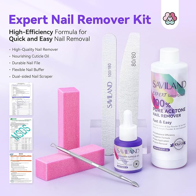 SAVILAND Pure Acetone Nail Polish Remover Kit: 8.45 oz Fingernail Gel Polish Remover Kit with Cuticle Oil, Buffer, Files and Scraper Tools for Quick, Gentle Removal of Acrylic Dip Powder & Gel Nails