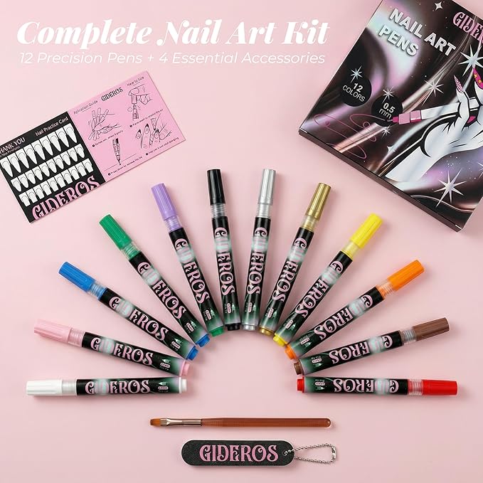 Nail Art Markers, 0.5mm Polish Pens & Easy Control 12 Colors 3D Nail Art Kit for DIY, Nail Art Brushes, Professionals & Beginners