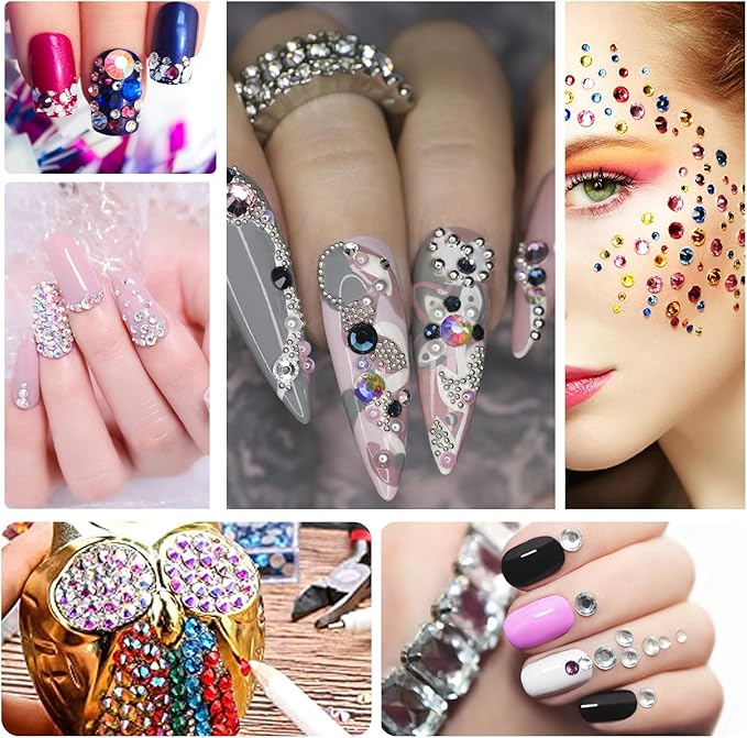 5 Boxes Shiny Colorful Nail Art Rhinestones Nail Stone Gems Design Kit 2-6mm Flatback Round Clear Solid Color Nail Gems with a Curved Tweezers and a Nail Brush (Solid Color kit)