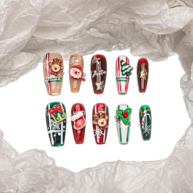 Sun&Beam Nails Handmade Press-on Long Coffin Ballerina Red Green White Brown Christmas 3D Sweet Design Fashion False Nail Tips 10 Pcs Set (#195 S)