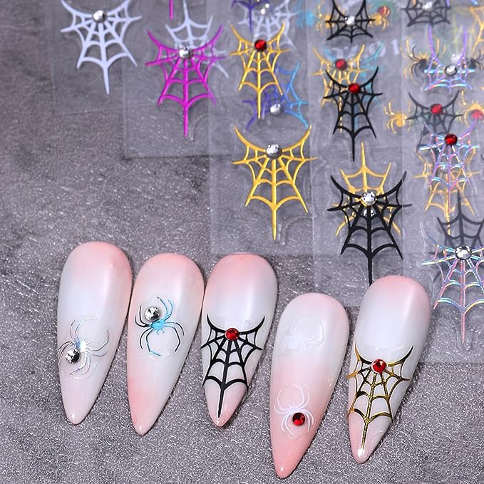 3D Spider Rhinestones Nail Art Stickers Decals Halloween Nails Sticker Black White Gold Silver Rainbow Spider Web Nails Decals Self-Adhesive Spider Nail Art Decal for Women Halloween Decor (5 Sheets)