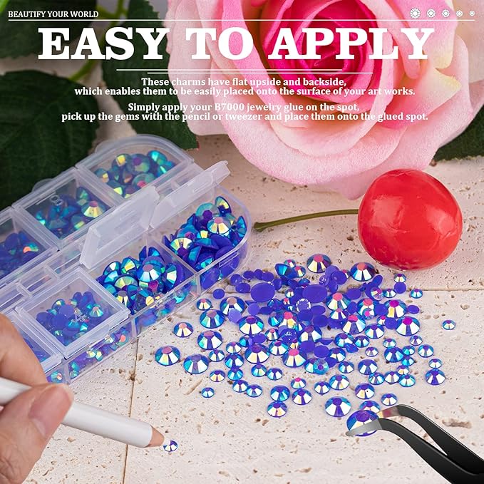 5000PCS Resin Rhinestones with Tweezers for Crafting, 2/3/4/5/6mm Flatback Jelly Rhinestones, 3 Box Dark Blue AB Non Hotfix Crystal Gems for DIY Crafts Mugs Tumblers Clothes Makeup Nail