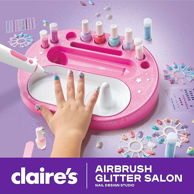 Claire's Kids Nail Art Kit, 67-Piece Airbrush Glitter Salon Nail Charms & Accessories Set, Polish, Press-On Nails, Stickers, Wraps, Girl Toys & Beauty Activity, Manicure Fashion Gift for Girls Age 8+