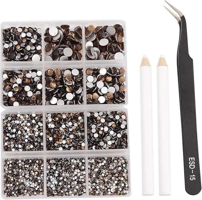 NCB 8000pcs Non Hotfix Rhinestones 10 Sizes Flatback Crystal Glass Rhinestones with Tweezers and Picking Pen for Nail Art Clothes Bags Phone Decorations Crafts DIY (014 Smoked Topaz Mix SS3-SS30)