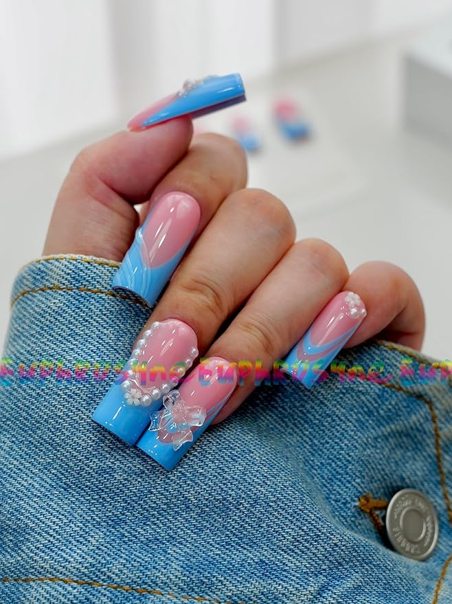 Euphrosyne Kawaii Press On Nails – 10pcs Medium Square Fake Nails in Blue and Pink with Pearls, 3D Flowers & Wavy Designs | Cute Korean Y2K Stick-On Nails for Girls and Teens