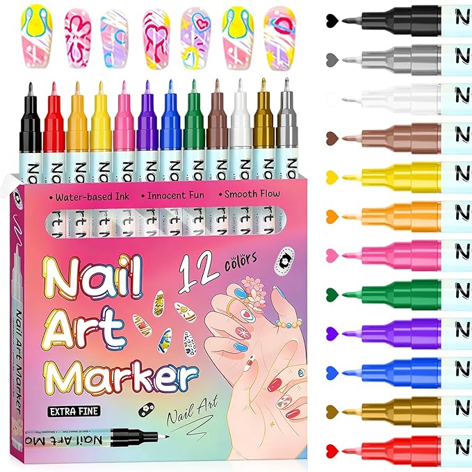 2026 New12 Colors Nail Art Pens Set,Magiart Waterproof Nail Art Pen,3D Quick Dry Nail Polish Pens, Dotting Nail Art Pen Kit Tools Nails Art Markers,0.5mm Precision Tip
