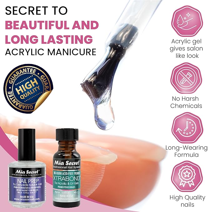 MIA SECRET Pink Acrylic Nail Kit - Full Kit With Powder, Liquid Monomer, Primer, Glue, Top Coat, 20 Nail Tips, Brush, Emery Block, File