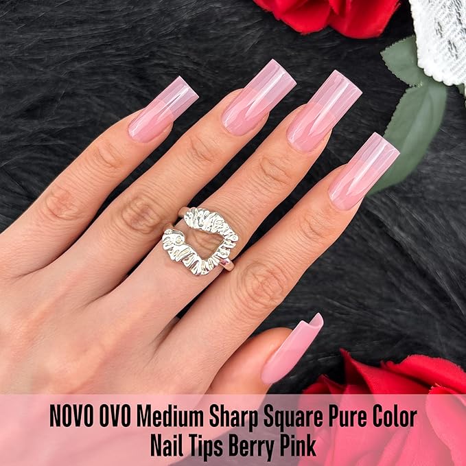 NOVO OVO Meidum Sharp Square Nail Tips Press on Pure Color BERRY PINK, Extra Thick NEED Builder Gel Top Coat Glue Soft Gel Matte Fake Nail Extension,Full Cover False Nails for Salon DIY 15 Sizes 180pc