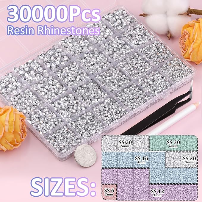 30000Pcs Clear Rhinestones for Bedazzling with B7000 Jewelry Glue, Bedazzler Kit Flatback Gems, Resin Rhinestones for Crafting Crafts Clothing Shoes Fabric Nail Art Assorted Size 2/3/4/5/6mm