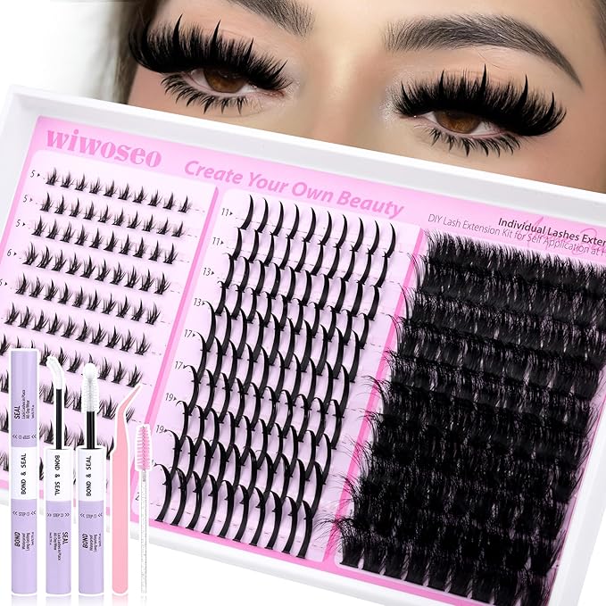 wiwoseo Fluffy Lash Clusters with Spikes Lash Clusters Kit Volume Lash Spikes Cluster Eyelash Extensions Kit 200D Fluffy Eyelash Clusters Spiky Bottom Cluster Lashes Clusters with Lash Bond and Seal