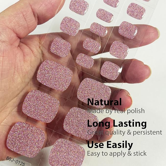 26 Pcs Semi Cured Gel Toe Nail Strips Pink Glitter Gel Nail Stickers Full Cover Pink Nails Wraps Self Adhesive Toe Nails Polish Strips Stickers for Women UV/LED Light Required