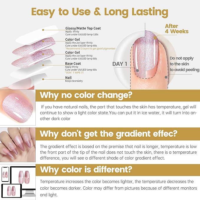 YTD Likomey Pearl Thread Color Changing Gel Nail Polish,15ml Nude Pink To Rose Pink Shell Mermaid Drawing Pearlescent Glitter Mood Temperature Change Colors,Fall Winter Thermal Manicure UV Gel,WB423