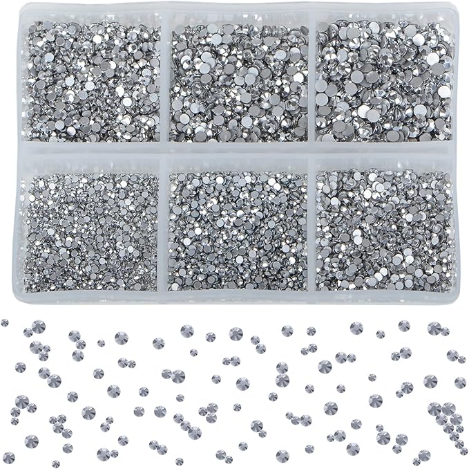 Bymitel 7200 Pieces 6 Mixed Sizes Glue Fix on Glass Rhinestones Round Crystal Gems Flatback for DIY Jewelry Making with one Picking Pen(6-Sizes 7200PCS, Labrdor)
