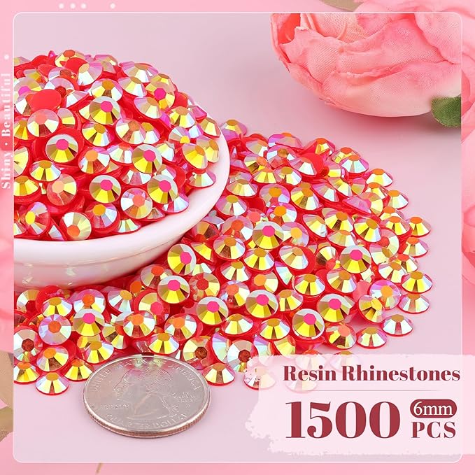 1500PCS 6mm Resin Jelly Rhinestones in Bulk (Red AB), Bedazzling Flatback Crystals Rhinestones for Crafting DIY Nail Decoration, Gems Diomand Charms for Tumbler Shoes Clothing Fabric