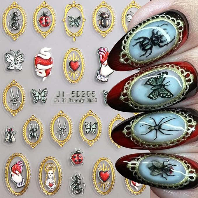 Retro Halloween Nail Art Stickers Decals Pumpkin Spider Nails Sticker 5D Embossed Spider Ghost Nails Decal Self-Adhesive Halloween Nail Decor for Women (4 Sheets)