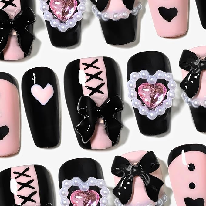 Sun&Beam Nails Handmade Press-on Square Round Trapezoid Nail Design False Nail Tips Pink and Black with Ribbon Stylish 10 Pcs Set (#149 L)