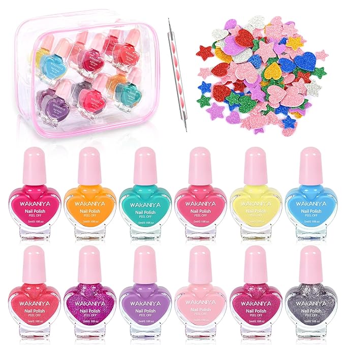 wakaniya Kids Nail Polish Set - Non Toxic, Quick Dry Peel Off Girls Nail Polish 12 Colors with Glitter Stickers and PVC Organizer Bag