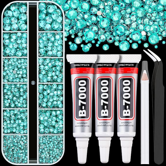 Resin Rhinestones for Crafting with B7000 Jewelry Glue, 1 Box Aquamarine Flatback Crystals with 3Pcs 10ml Glue for Bedazzling Crafts DIY Nail Art Makeup，Non Hotfix Gems for Clothing Shoes