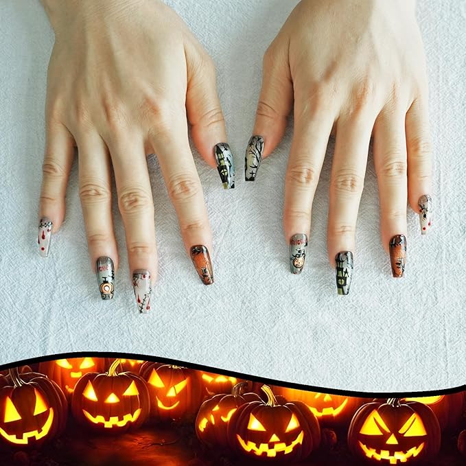 Handmade Press on Nails Long Coffin - Cartoon Story with Holiday Design for Parties, Halloween (Halloween House Story,M)