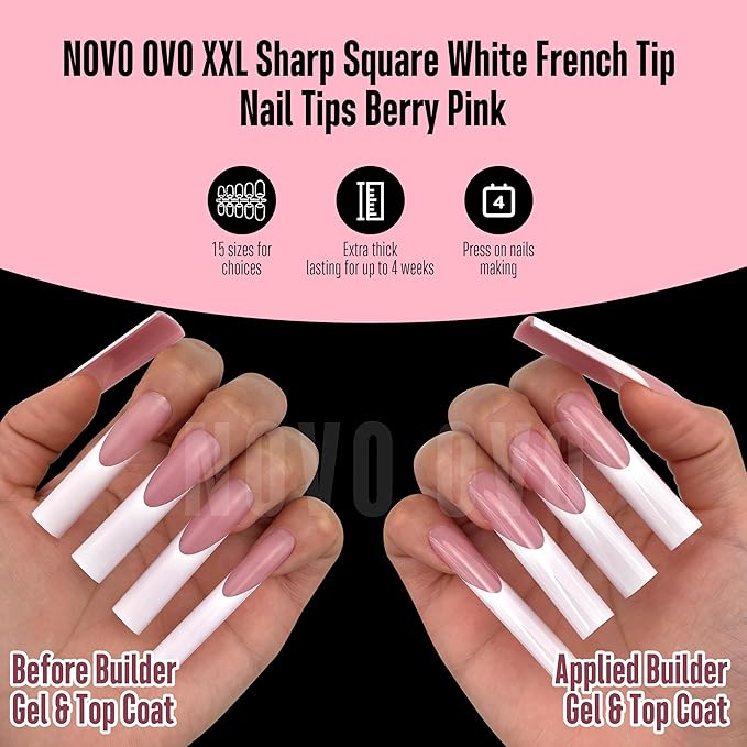 NOVO OVO XXL Square Nail Tips - 150Pcs Soft Gel Nail Tips, Pre-Colored Berry Pink White French Tip, No C Curve Straight Acrylic False Nails for Extension, PMMA Gel X Tips Press on Nails Kit (15 Sizes)