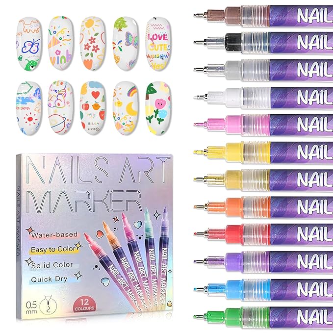 12 Colors Nail Art Pens Set, Nail Art Markers Polish Pens for Nail Art Quick Drying 3D Acrylic Paint Markers for Painting Dotting Liner Pen Nail Salon DIY Design Kit 0.5mm