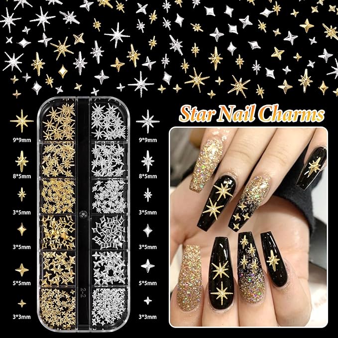 Silver Gold Nail Beads for Nail Art, Metal Caviar Nail Beads, Nail Pearls for Nail Art, Silver Gold Cross Star Nail Studs Rivet Charms for Nails Design DIY Craft Accessories