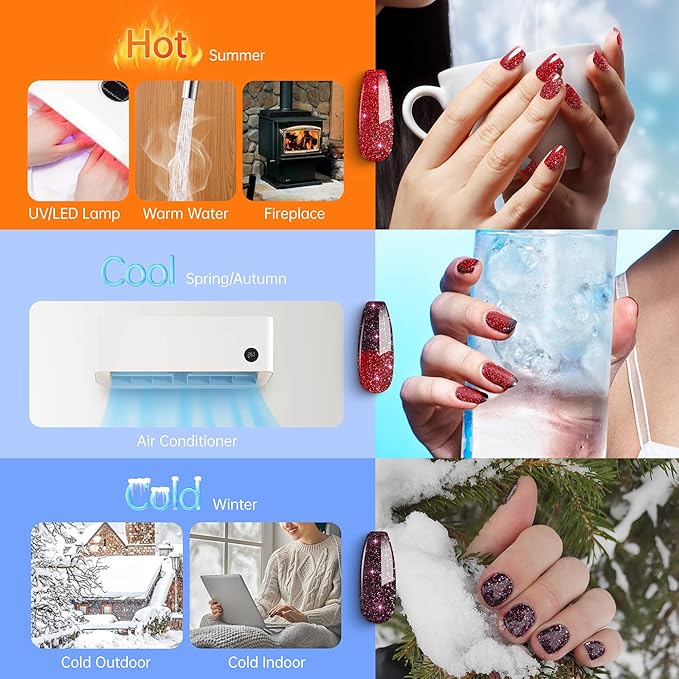 YTD Likomey Color Changing Gel Nail Polish,15ml Red To Dark Cherry Red Glitter Mood Temperature Change Colors Fall Winter Thermal Ombre Manicure Shimmer UV Varnish,HEMA Free TPO Free,WB504