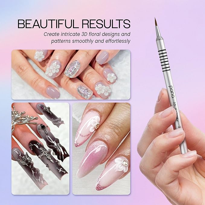 PANA 3D Kolinsky Nail Art Brush - Silver Non-Slip Handle, Size 2 - Acrylic Nail Art Sculpture Brush for Manicures Pedicure Salon Professional or Beginner