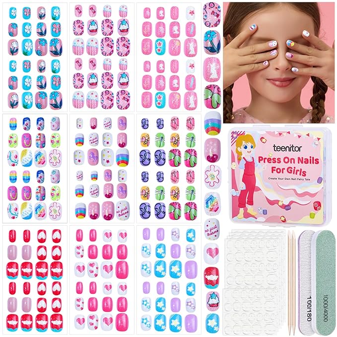 Teenitor 216pcs Kids Press On Nails for Girls, 9 Styles of 8-12 Years Girls Press On Nails for Kids, Full Cover Fake Nails for Little Girl, Short Acrylic Nails Set