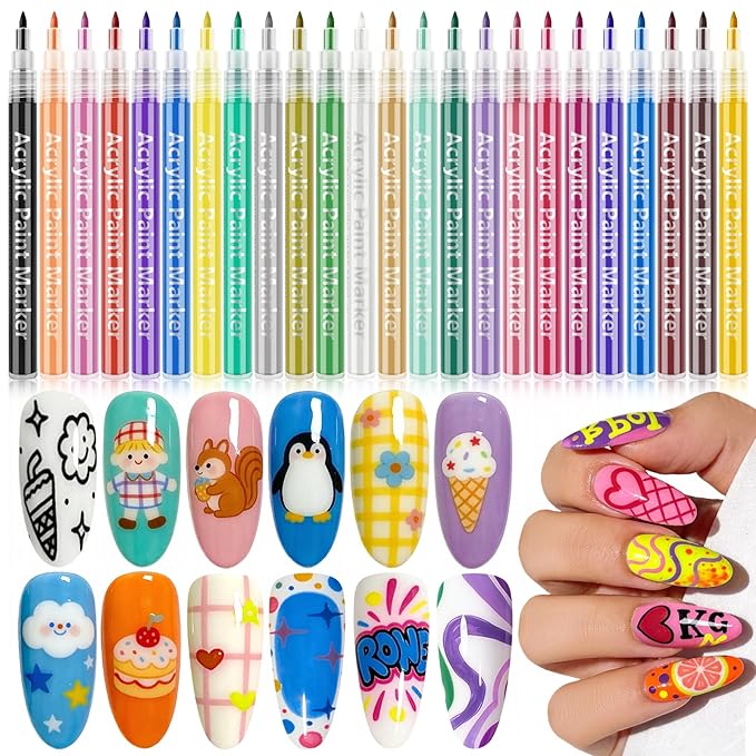 24 Colors Nail Art Pens Set, 3D Nail Polish Pens Quick-Drying Acrylic Paint Markers,For Nail Art Drawing Painting Nail Point Dotting Liner Pen, Nail Design Kit Manicure Tools Home & Salon DIY