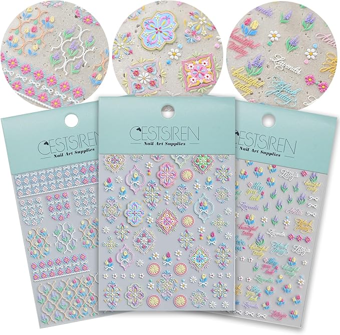 Colorful Bohemian Nail Art Stickers, Summer Spring Flower Nail Decals, Self-Adhesive, Nail Accessories for Women, Nail Decorations 3 Sheets