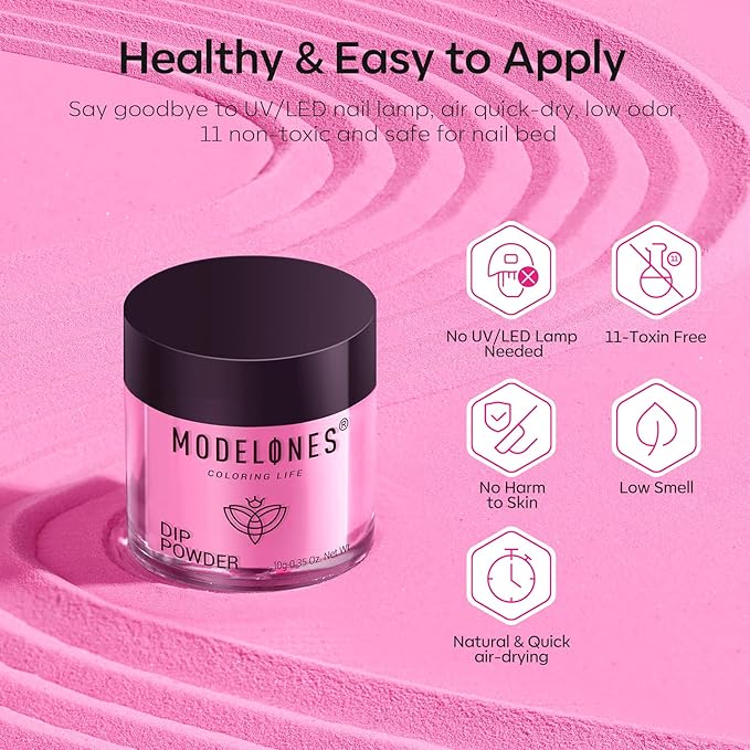 Modelones Dip Powder Nail Kit, 4 Colors Hot Pink Rose Glitter Dipping Starter Set with Liquid and Complete Accessories for French Nails Art Salon DIY at Home Manicure