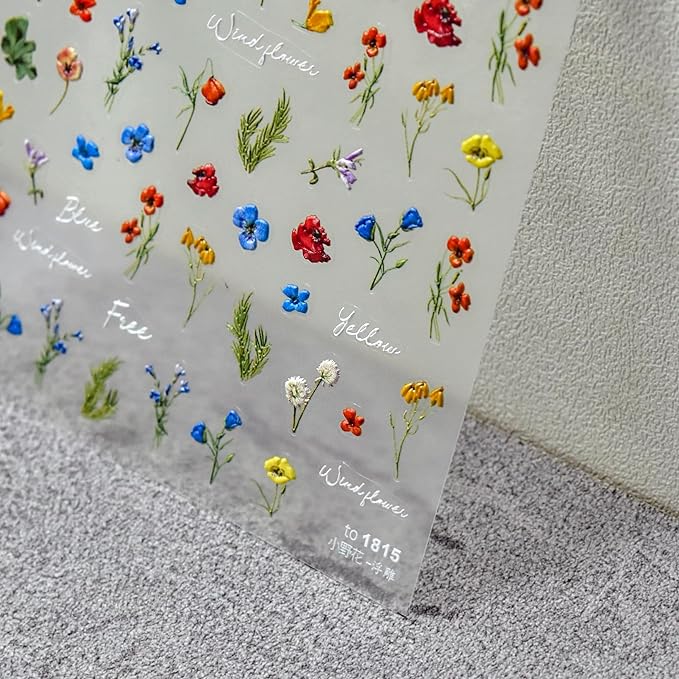 Dedyel Small Daisy Little Wildflowers Nail Stickers 5D Embossed Wildflower Nail Stickers Spring Summer Red Yellow Blue White Flower Design Nail Art Decoration for Women Girls Kids