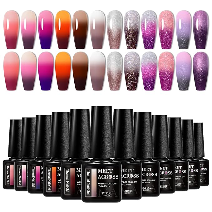 MEET ACROSS 12Pcs Color Changing Gel Nail Polish Set Purple Brown Glitter Temperature Mood Changed Nail Polish Gel DIY Salon Gift for Women