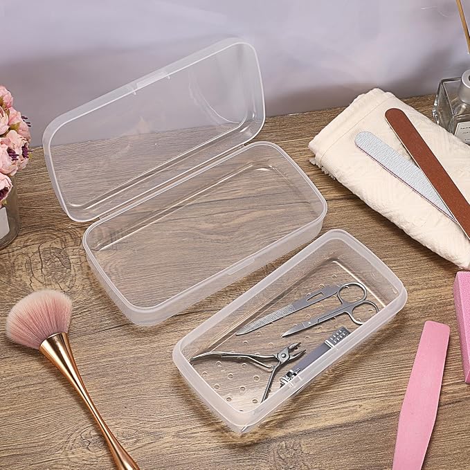 JUXYES 2 PCS Plastic Sterilizing Tray for Nail Art Accessories Tools, Portable Nail Art Tool Sterilizer Tray with Strainer, Fully Transparent Storage Box Organizer for Tweezer Manicure Tools