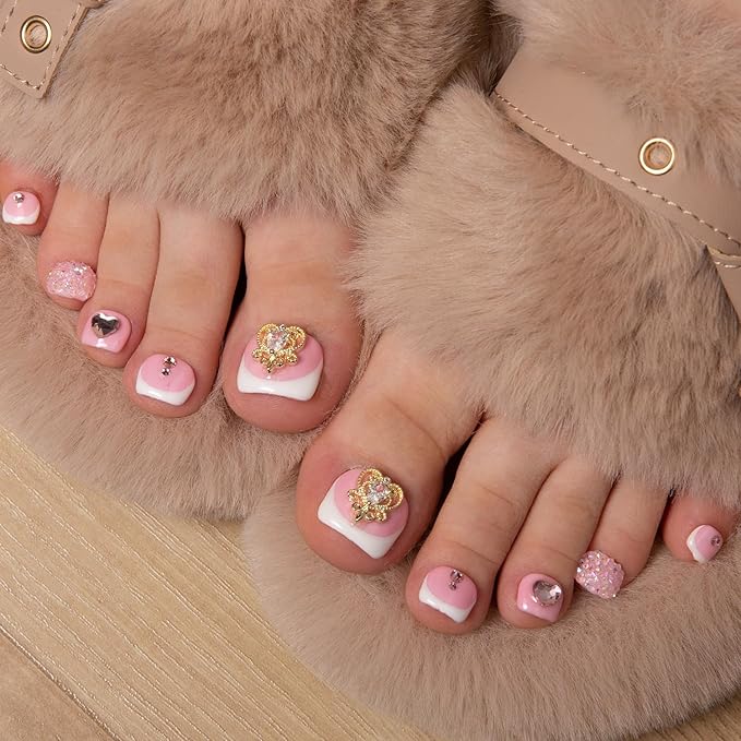 LOVFUL Handmade Acrylic Press on Toenails Sweet Elegance | Salon Quality 20 PCS Free Size Toe Nails | Reusable Fake Nails for Toe | T34